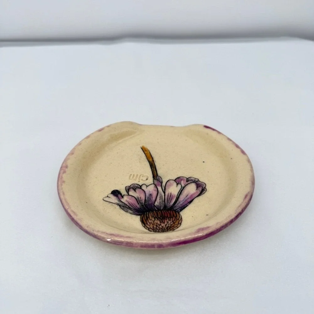 CJM Pottery Spoon Rest Dish Echinacea Floral Handmade Ceramic Kitchen Decor